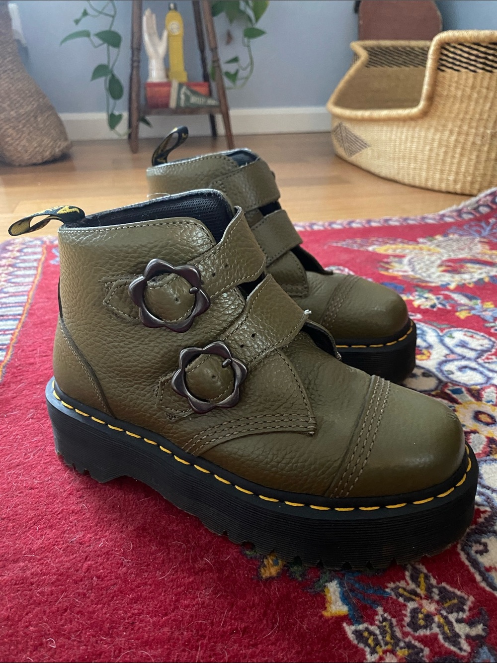Dr. Martens Olive Green Leather Platform Ankle Boots